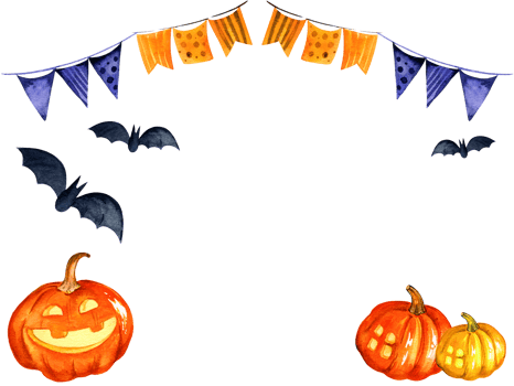watercolor illustration of Halloween theme with bat, smiling different pumpkins and multicolor festival flags, border for event decoration, template for cards, posters png