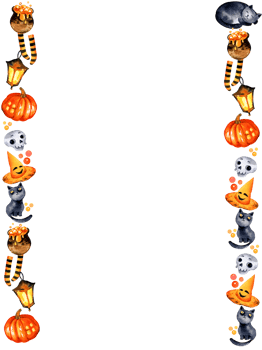 watercolor illustration of Halloween theme with black cat, pumpkin, potion, skull and others, border, space for text png
