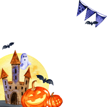 watercolor banner of Halloween theme with tower, pumpkins, ghost and bats on watercolor moon background, hand drawn corner frame png