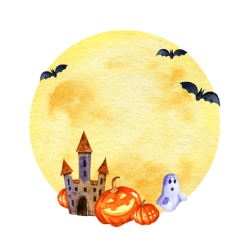 watercolor composition of Halloween theme with moon, tower, pumpkins, ghost and bats on watercolor moon background, hand drawn corner frame, round frame png
