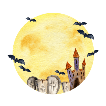 watercolor composition of Halloween theme with moon, tower, headstone, funeral and bats on watercolor moon background, hand drawn corner frame, round frame png