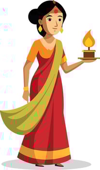 Woman in traditional Indian attire holding a decorative oil lamp vector