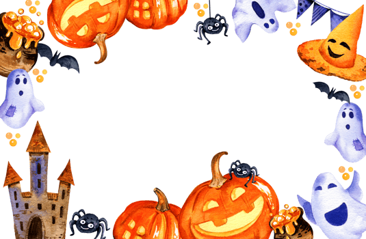 watercolor banner of Halloween theme with tower, pumpkin, potion, ghosts, bats and others, hand drawn illustration of October event, for card, posters, decoration png