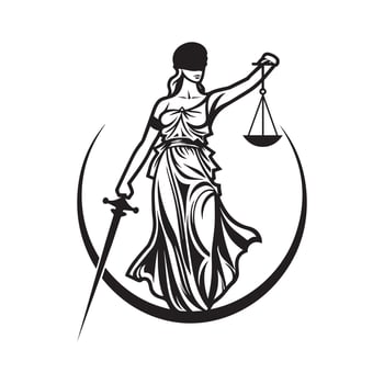Justice logo - Justice Lady With Scale And Sword - Lady Justice statue illustration in black and white vector