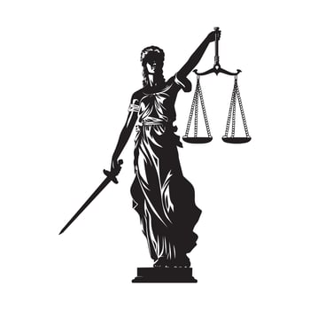 Justice logo - Justice Lady With Scale And Sword - Lady Justice statue illustration in black and white vector