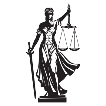 Justice logo - Justice Lady With Scale And Sword - Lady Justice statue illustration in black and white vector