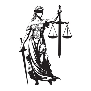 Justice logo - Justice Lady With Scale And Sword - Lady Justice statue illustration in black and white vector