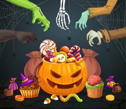 Halloween monster hands and holiday sweets bucket vector