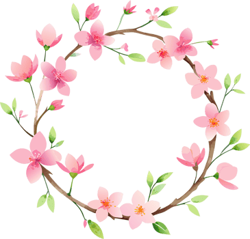 A delicate wreath of pink cherry blossoms and green leaves, perfect for spring or wedding decor. png