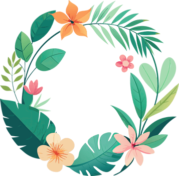A vibrant floral wreath with tropical flowers and leaves in shades of green, pink, and orange. png