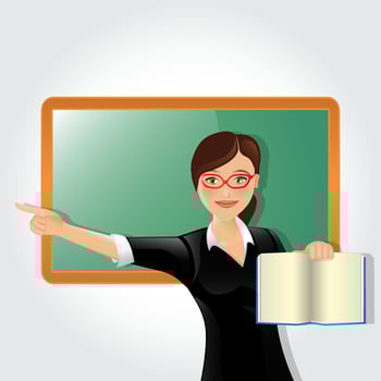 Female teacher in classroom teaching lesson pointing at greenboard and holding book vector