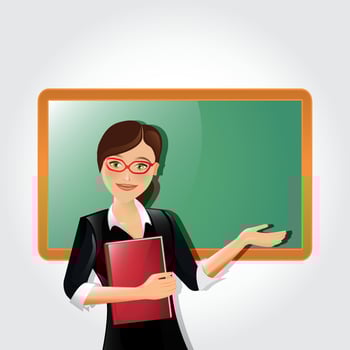 A teacher with a book in hand is teaching students in front of a blackboard vector