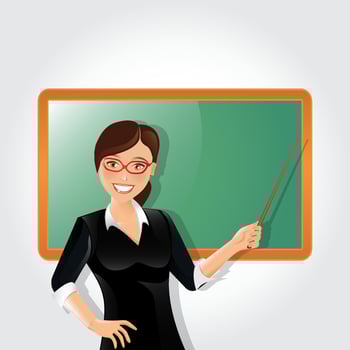 Young female teacher near blackboard teaching student in classroom at school, college or university. Flat design cartoon woman character vector