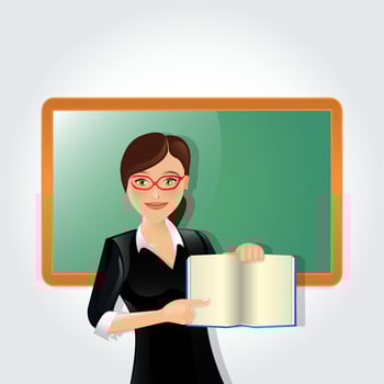 Female teacher in classroom teaching lesson pointing at greenboard and holding book vector