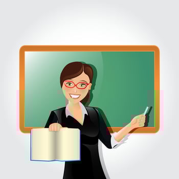 Young female teacher is writing chalk on a school blackboard vector