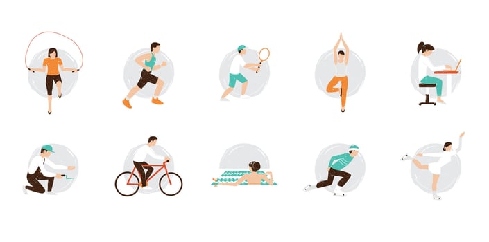 Collection of different men and women performing various sports activities, playing football, tennis, and soccer. realistic illustrations isolated on a white background. vector