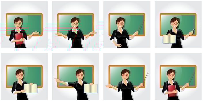 Teacher with different gestures collection, female senior professor, tutor character set, pose sequence. Experienced Young schoolmaster and young education supervisor. different views, gestures, vector