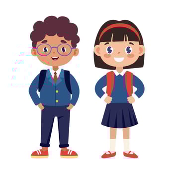 Two children are standing next to each other, one wearing glasses and the other wearing a red backpack vector