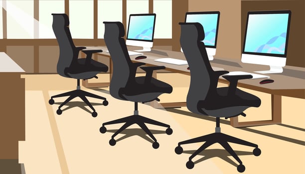 workspace with chairs and tables and computer devices vector