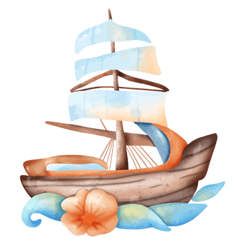 Beautiful Watercolor Illustration of a Sailboat with Ocean Waves png