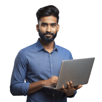 Young man in blue shirt using a laptop, looking confident on transparent background png