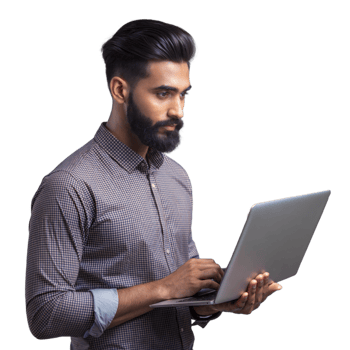 Bearded man in a striped shirt working on a laptop on transparent background png