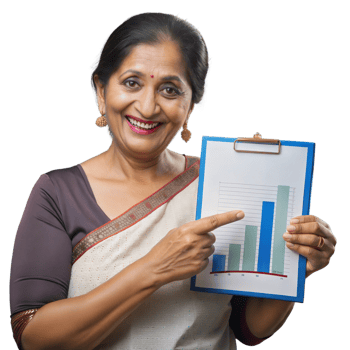 Elderly woman holding a chart, presenting data with a cheerful expression on transparent background png