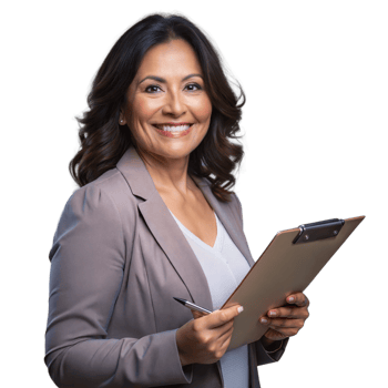 Professional woman in formal attire holding a clipboard with a smile on transparent background png