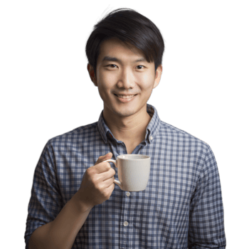 Smiling young man holding a coffee cup in a checkered shirt on transparent background png