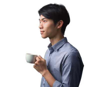 Side view of a young man in a blue shirt holding a coffee cup on transparent background png