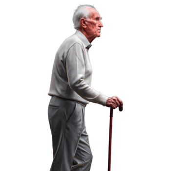 Side view of an elderly man with a cane, wearing casual clothes on transparent background png