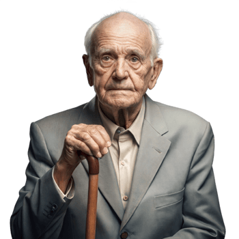 Elderly man in a suit holding a cane with a serious expression on transparent background png