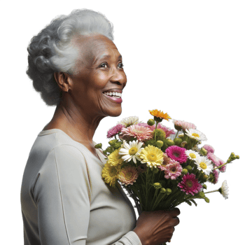 Happy elderly woman holding a bouquet of flowers, smiling on transparent background png