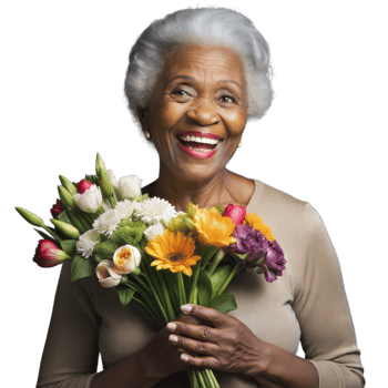 Elderly woman holding a colorful bouquet, looking joyful on transparent background png