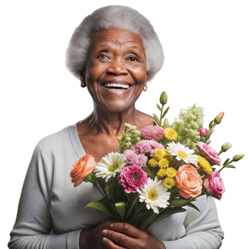 Cheerful senior woman with a bouquet of flowers, looking happy on transparent background png
