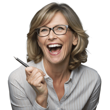 Happy woman with glasses holding a pen, looking joyful on transparent background png