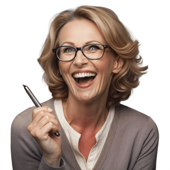 Happy woman with glasses holding a pen, looking joyful on transparent background png