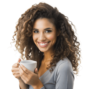 Smiling woman with curly hair holding a coffee cup, looking happy on transparent background png