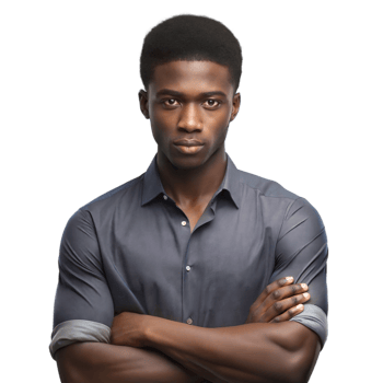 Focused young man with arms crossed, looking serious on transparent background png