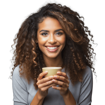 Happy woman with curly hair holding a coffee cup, smiling on transparent background png