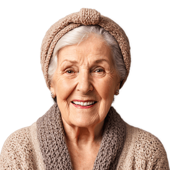 Woman in her 90s with a headscarf and a knitted cardigan attractive face squinting eyes. Essence of diverse femininity. png