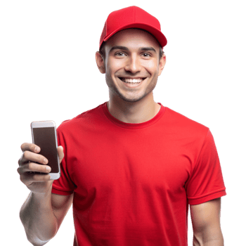 Smiling young guy red tshirt show phone isolated on transparent background png