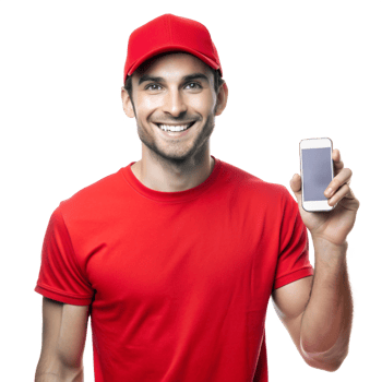 Smiling young guy red tshirt show phone isolated on transparent background png