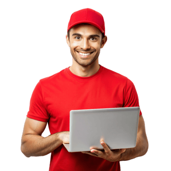 Smiling young guy red tshirt show laptop isolated on transparent background png