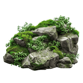 Large rocks covered in vibrant green moss, surrounded by lush foliage, isolated on a transparent background png