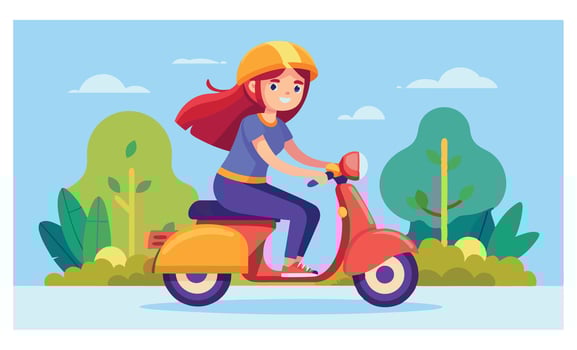 A Girl Sitting on a Scooter Wearing a Helmet, Isometric Illustrations on a Blue Background vector