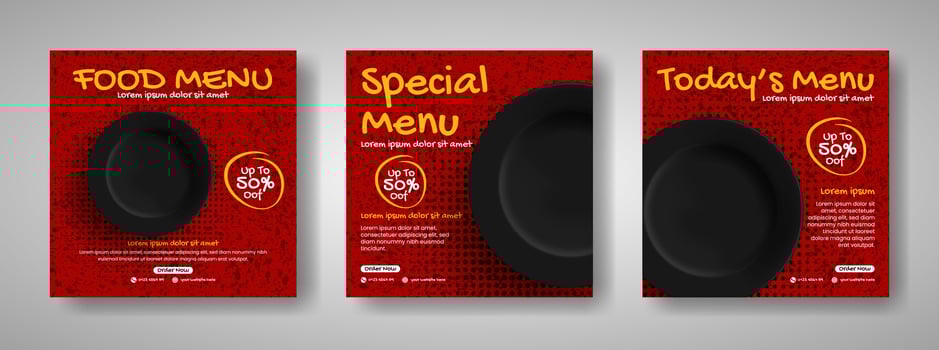Fast food restaurant social media post or web banner template design. illustration with black plate. vector