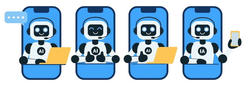 Set of cute chat bot robot with yellow laptop illustrations vector