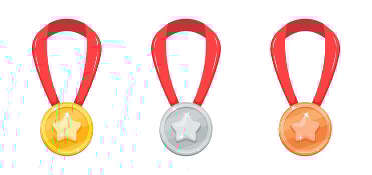 Set of prize medals with star on ribbon. Award for first, second and third place. Gold, silver and bronze pendant vector