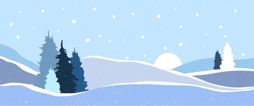 Flat winter banner landscape with silhouettes of trees, hills and mountains with falling snow, Christmas scene, panorama, horizon, fir tree, cold weather, Northern vector
